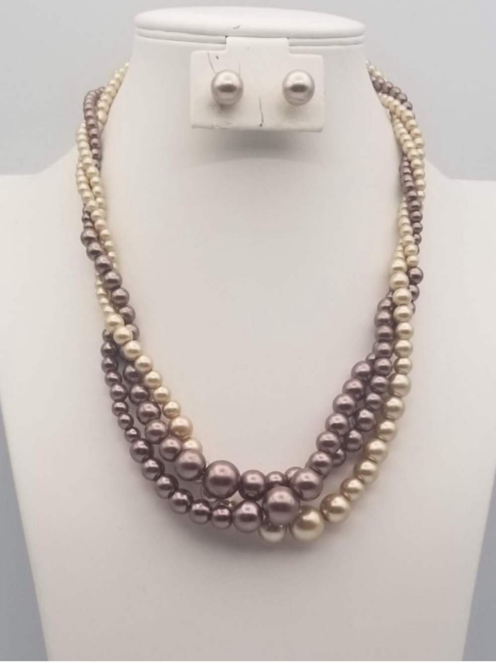 Classic Two-Tone Pearl Multi-Strand Necklace and Stud Set - Taupe & Ivory
